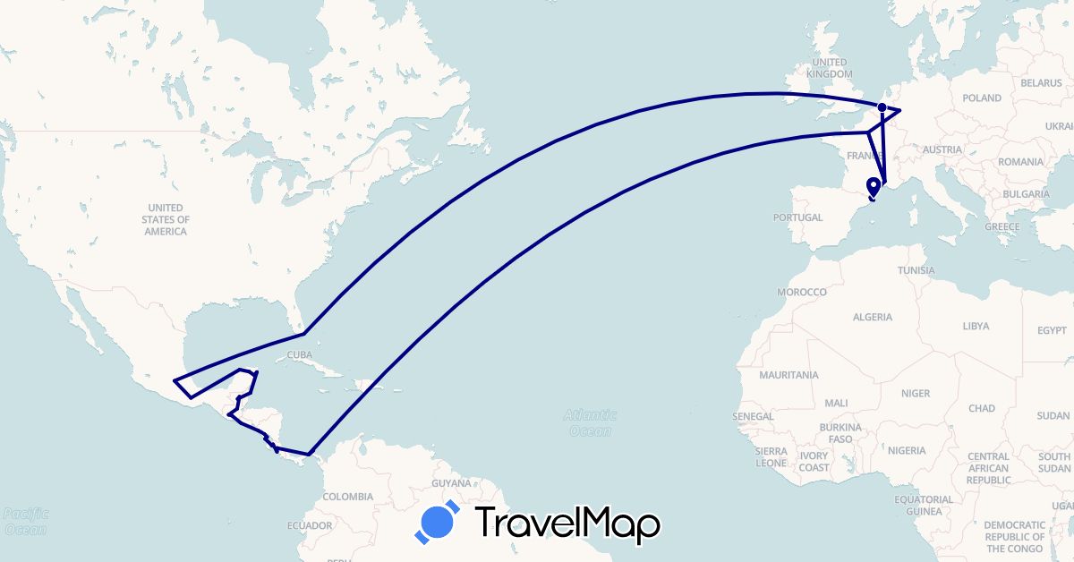 TravelMap itinerary: driving in Belgium, Belize, Costa Rica, Germany, Spain, France, Guatemala, Mexico, Nicaragua, Panama, El Salvador, United States (Europe, North America)